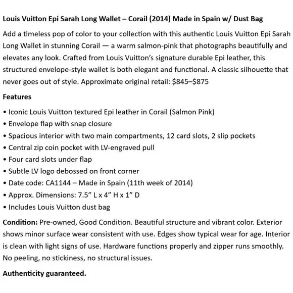 Louis Vuitton Epi Sarah Long Wallet – Corail (2014) Made in Spain w/ Dust Bag - Picture 2 of 14